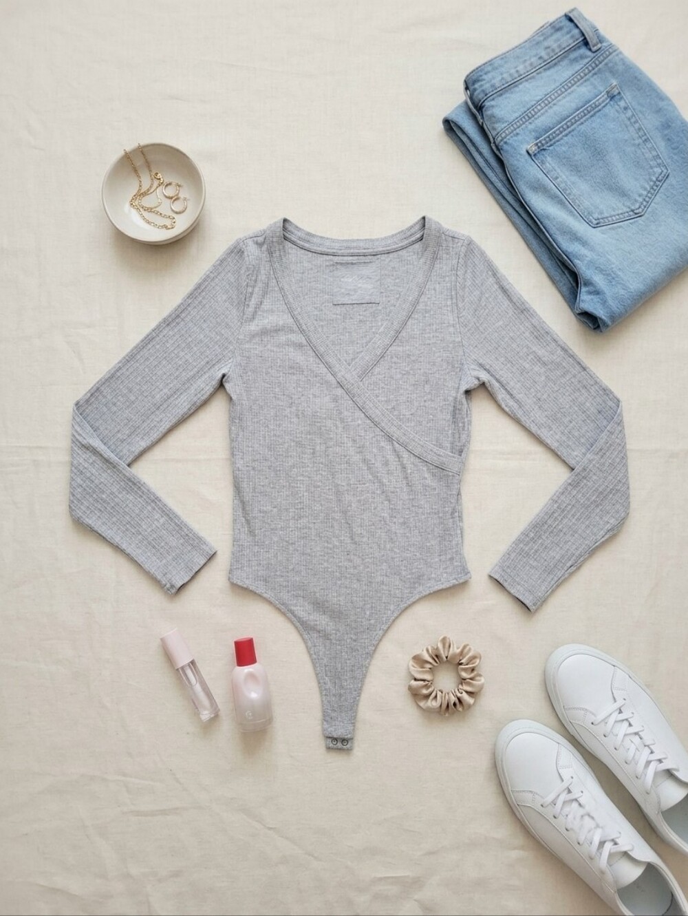 Aerie Heather Grey Ribbed Surplice Long Sleeve Bodysuit Wrap V-Neck Thong Size M